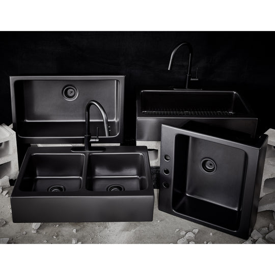 Parker Matte Black Fireclay 34″ Single Bowl Quick-Fit Farmhouse Apron Front Drop-In Kitchen Sink and Drain