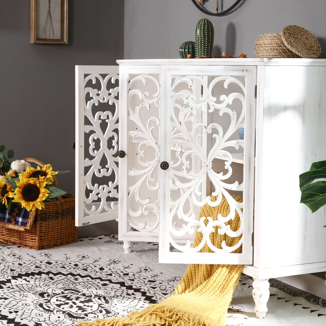 Retro Antique Hollow-Carved 3-Door Storage Cabinet