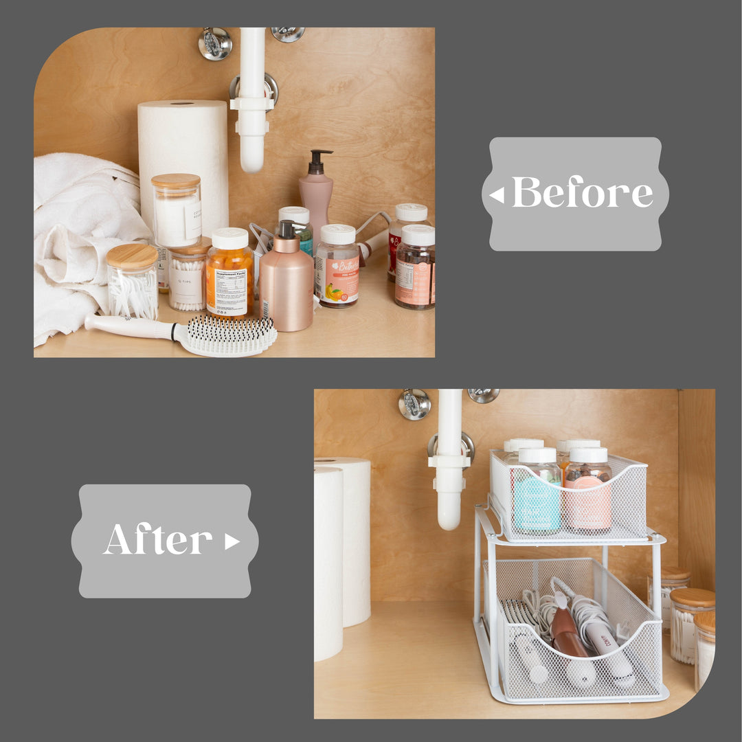 2 Tier under Sink Bathroom Organizers and Storage (2 Pack) - 14" L X 9.3" W X 12.25" H