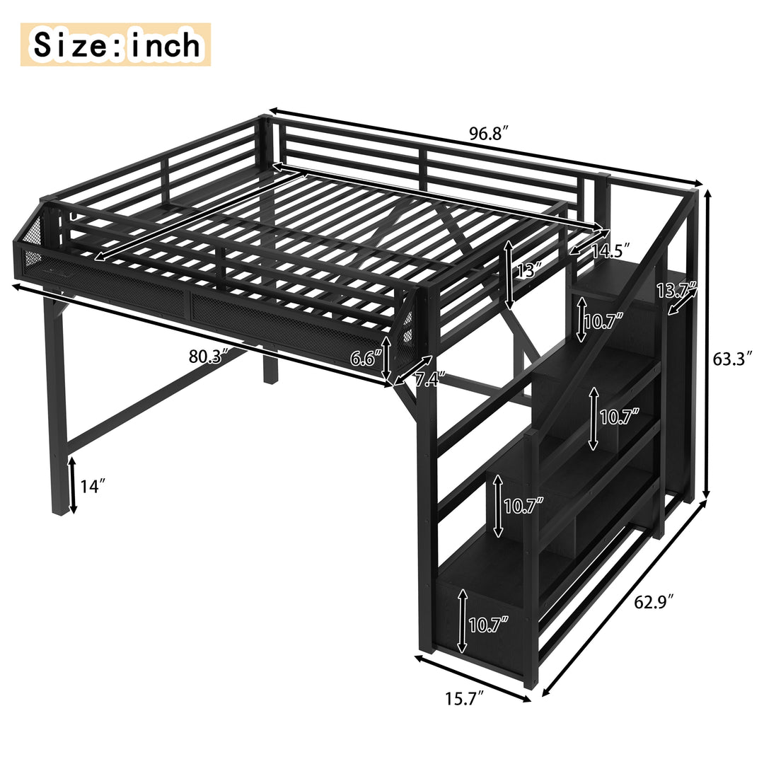 Storage Stairs Loft Bed Queen Size Metal Bed Frame with Built-In Wardrobe, Shelves, Light Strip and Charging Station