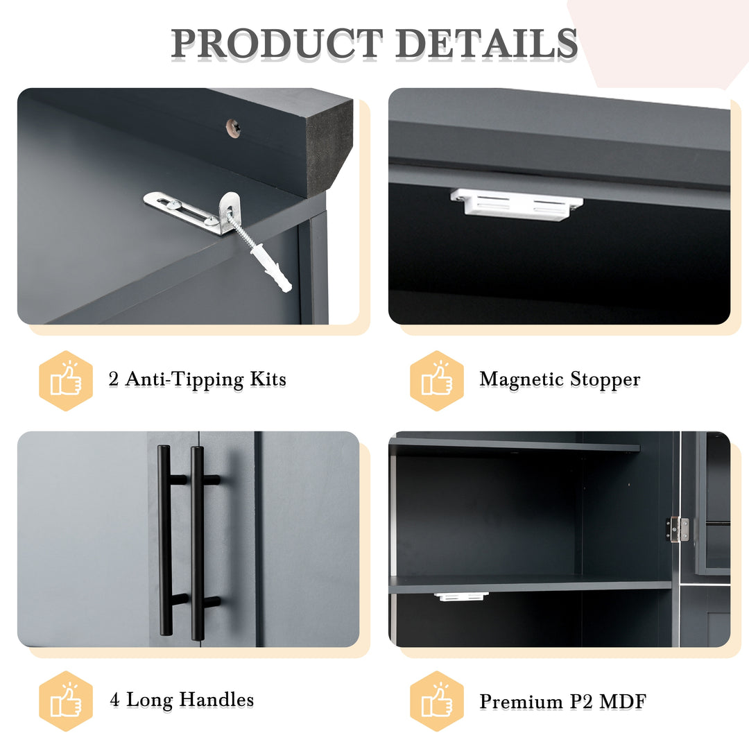 Tall Kitchen Pantry Cabinet with Pull-Out Trays - 35.5" 4-Door Storage Unit, Adjustable Shelves for Dining Room