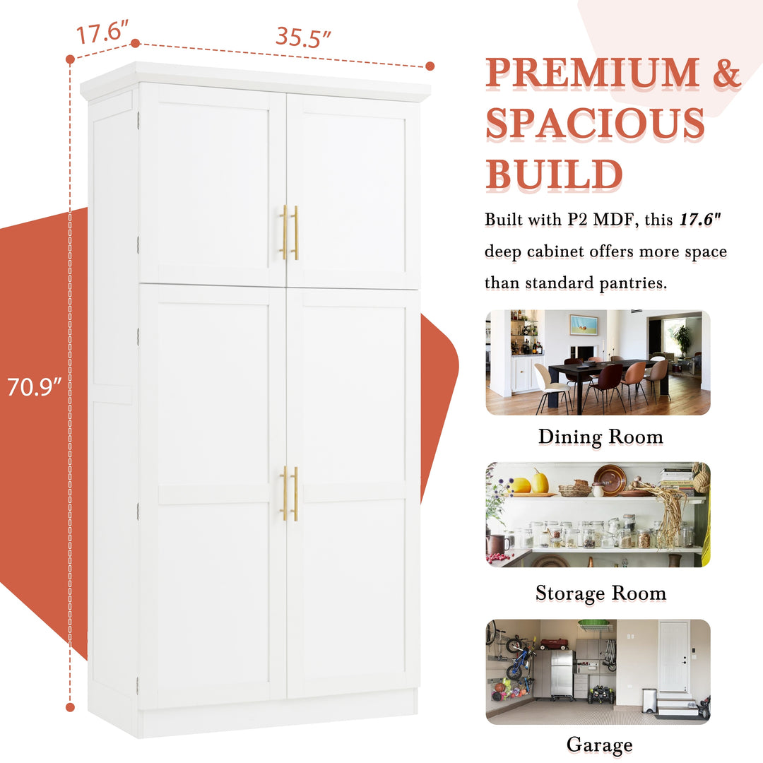 Tall Kitchen Pantry Cabinet with Pull-Out Trays - 35.5" 4-Door Storage Unit, Adjustable Shelves for Dining Room