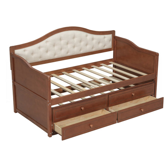 Twin Daybed with Trundle, Twin Size Daybed with 2 Storage Drawers, Wooden Sofa Bed with Upholstered Button Tufted Backrest