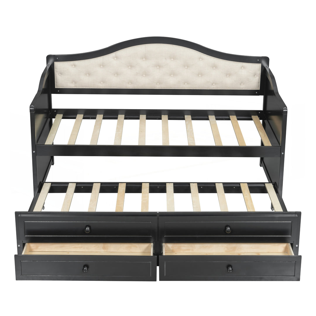 Twin Daybed with Trundle, Twin Size Daybed with 2 Storage Drawers, Wooden Sofa Bed with Upholstered Button Tufted Backrest