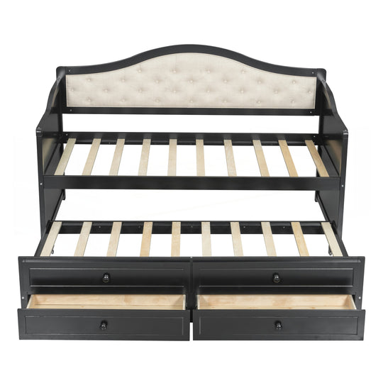 Twin Daybed with Trundle, Twin Size Daybed with 2 Storage Drawers, Wooden Sofa Bed with Upholstered Button Tufted Backrest