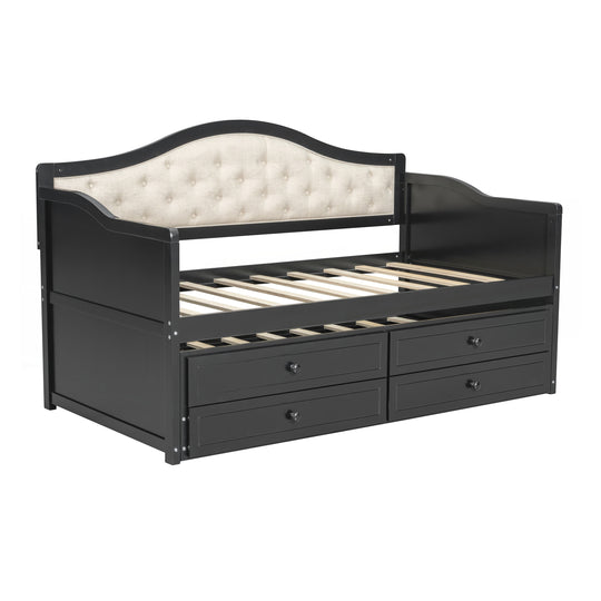 Twin Daybed with Trundle, Twin Size Daybed with 2 Storage Drawers, Wooden Sofa Bed with Upholstered Button Tufted Backrest