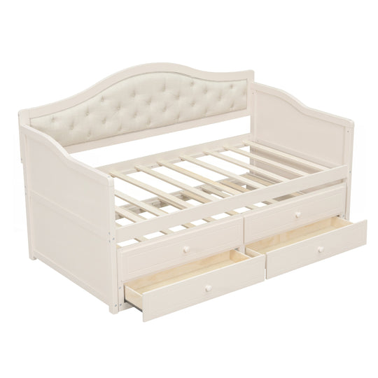 Twin Daybed with Trundle, Twin Size Daybed with 2 Storage Drawers, Wooden Sofa Bed with Upholstered Button Tufted Backrest