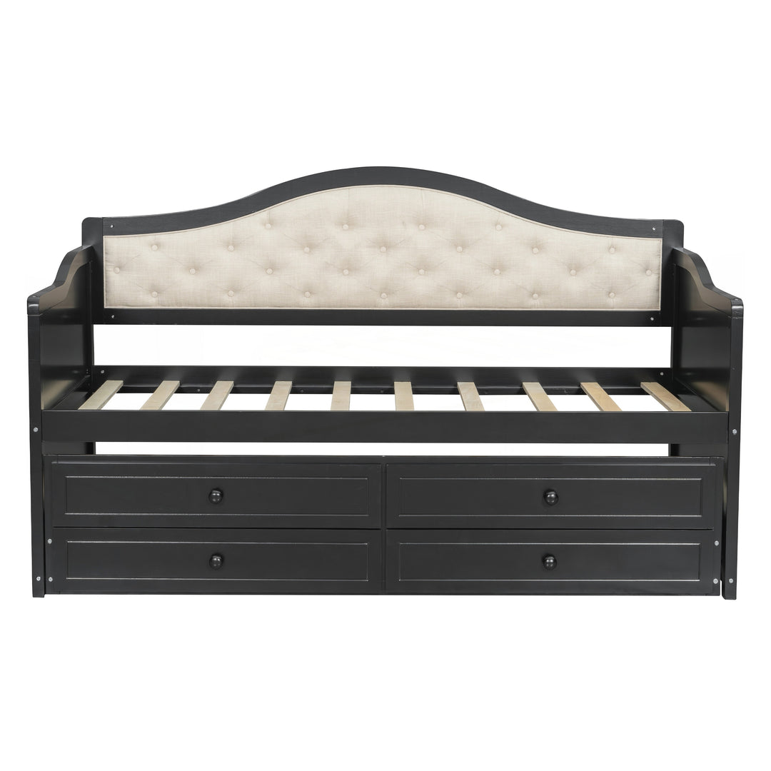 Twin Daybed with Trundle, Twin Size Daybed with 2 Storage Drawers, Wooden Sofa Bed with Upholstered Button Tufted Backrest