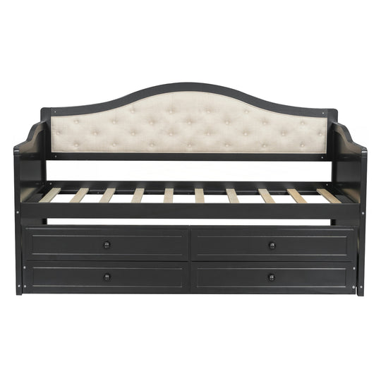 Twin Daybed with Trundle, Twin Size Daybed with 2 Storage Drawers, Wooden Sofa Bed with Upholstered Button Tufted Backrest