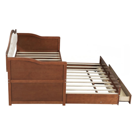 Twin Daybed with Trundle, Twin Size Daybed with 2 Storage Drawers, Wooden Sofa Bed with Upholstered Button Tufted Backrest