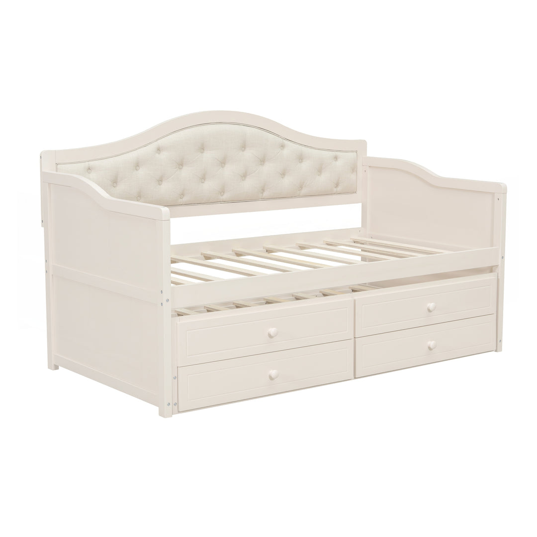Twin Daybed with Trundle, Twin Size Daybed with 2 Storage Drawers, Wooden Sofa Bed with Upholstered Button Tufted Backrest