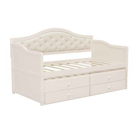 Twin Daybed with Trundle, Twin Size Daybed with 2 Storage Drawers, Wooden Sofa Bed with Upholstered Button Tufted Backrest