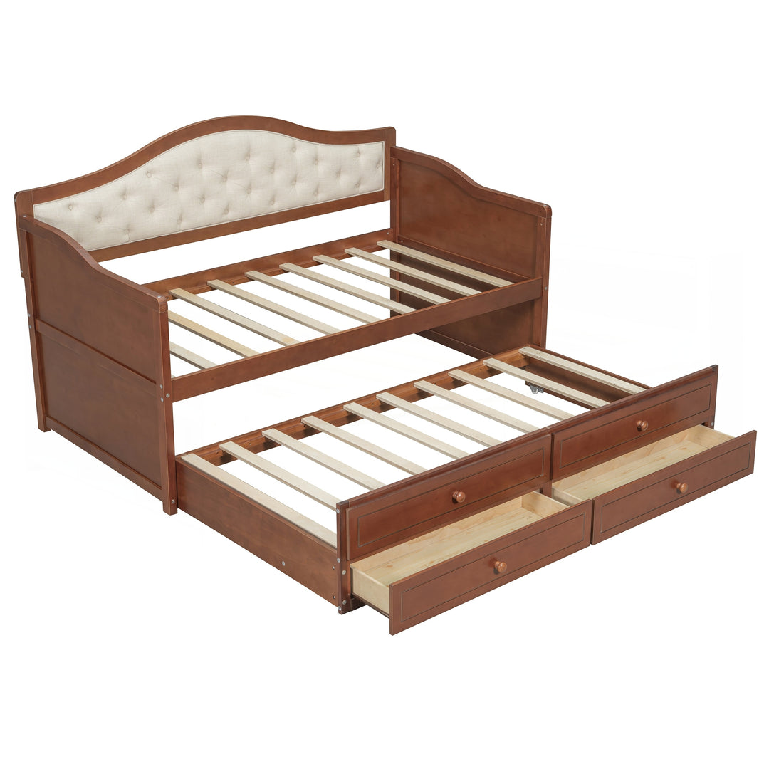 Twin Daybed with Trundle, Twin Size Daybed with 2 Storage Drawers, Wooden Sofa Bed with Upholstered Button Tufted Backrest