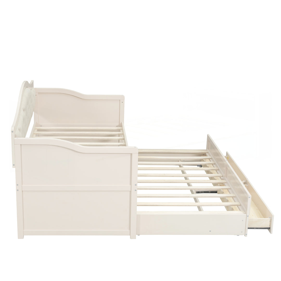Twin Daybed with Trundle, Twin Size Daybed with 2 Storage Drawers, Wooden Sofa Bed with Upholstered Button Tufted Backrest