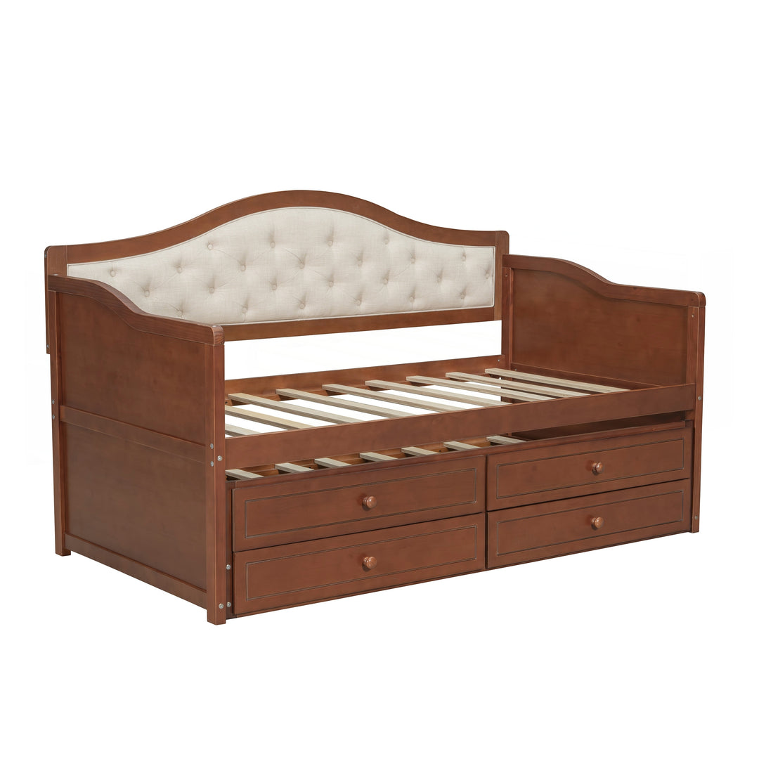 Twin Daybed with Trundle, Twin Size Daybed with 2 Storage Drawers, Wooden Sofa Bed with Upholstered Button Tufted Backrest