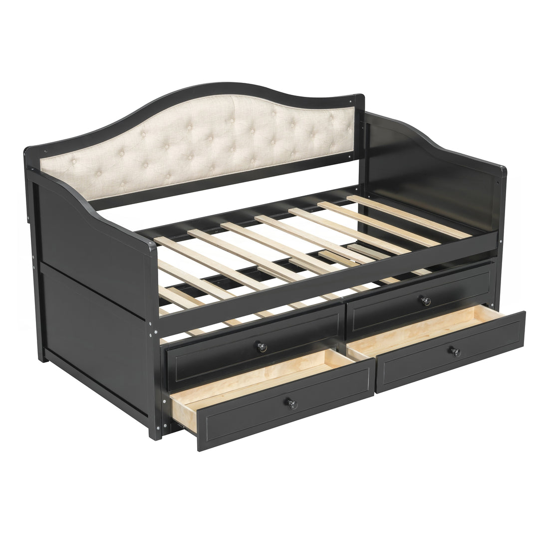 Twin Daybed with Trundle, Twin Size Daybed with 2 Storage Drawers, Wooden Sofa Bed with Upholstered Button Tufted Backrest