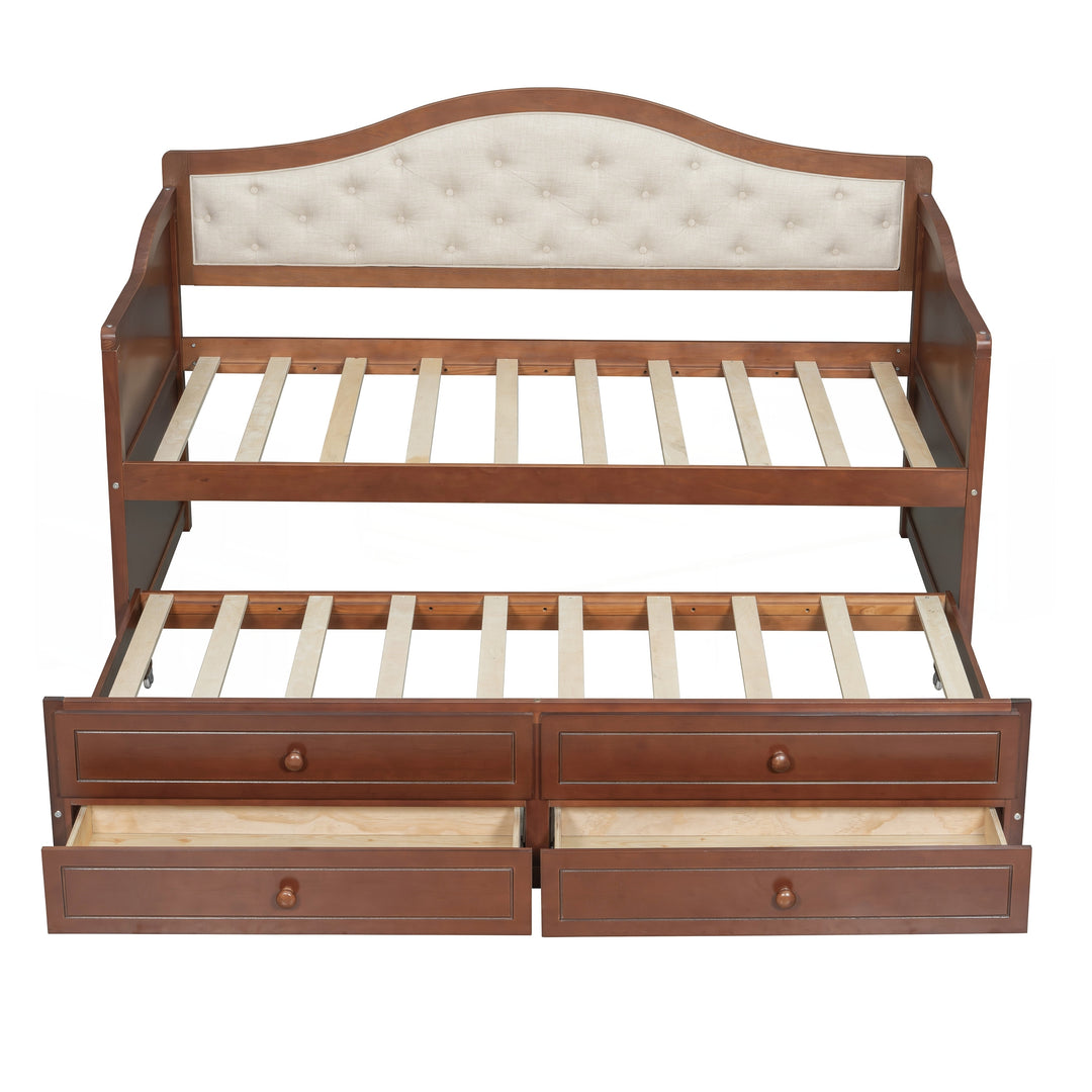 Twin Daybed with Trundle, Twin Size Daybed with 2 Storage Drawers, Wooden Sofa Bed with Upholstered Button Tufted Backrest