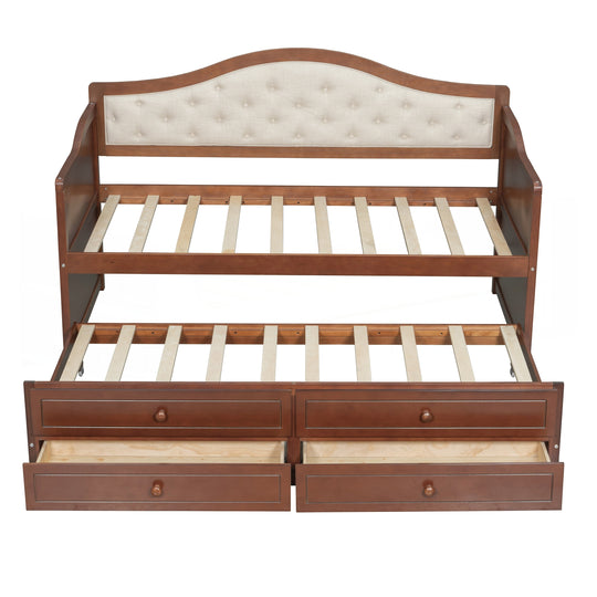 Twin Daybed with Trundle, Twin Size Daybed with 2 Storage Drawers, Wooden Sofa Bed with Upholstered Button Tufted Backrest