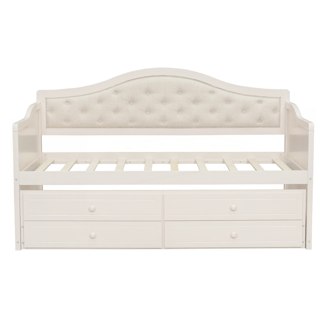 Twin Daybed with Trundle, Twin Size Daybed with 2 Storage Drawers, Wooden Sofa Bed with Upholstered Button Tufted Backrest