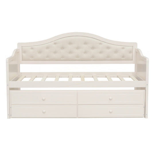 Twin Daybed with Trundle, Twin Size Daybed with 2 Storage Drawers, Wooden Sofa Bed with Upholstered Button Tufted Backrest