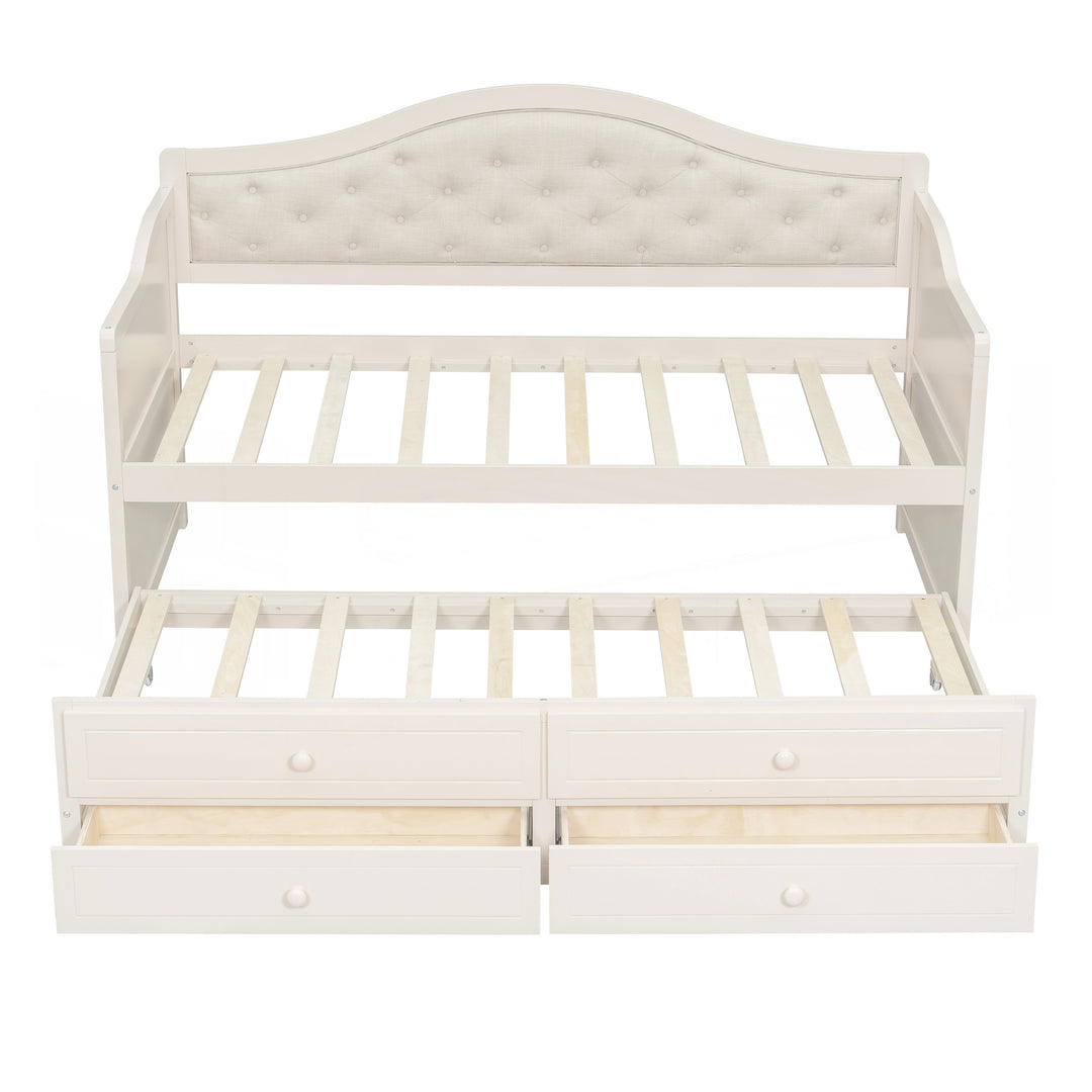 Twin Daybed with Trundle, Twin Size Daybed with 2 Storage Drawers, Wooden Sofa Bed with Upholstered Button Tufted Backrest