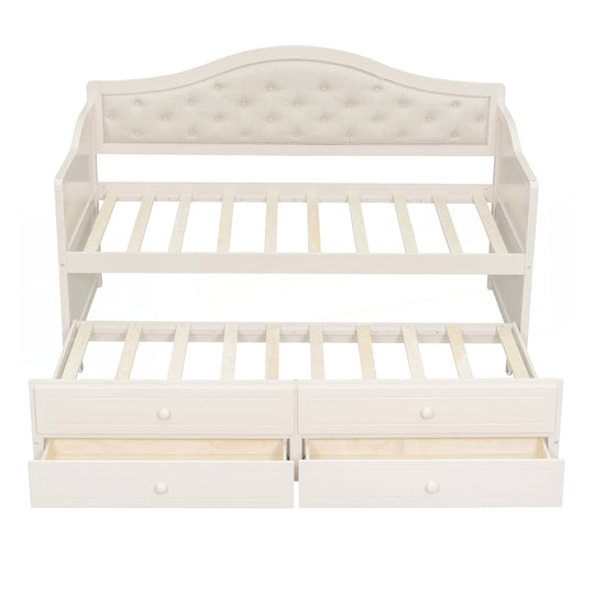 Twin Daybed with Trundle, Twin Size Daybed with 2 Storage Drawers, Wooden Sofa Bed with Upholstered Button Tufted Backrest