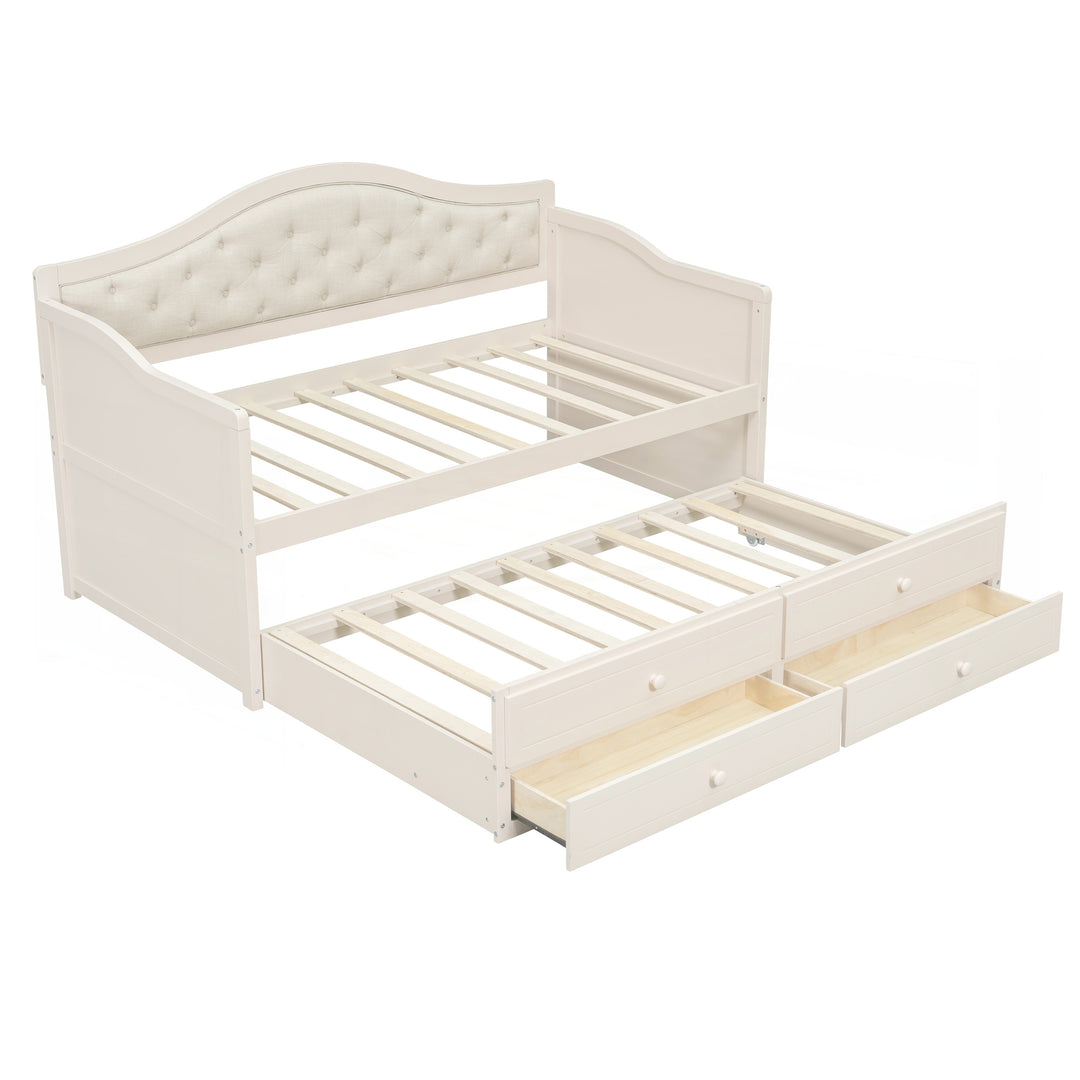 Twin Daybed with Trundle, Twin Size Daybed with 2 Storage Drawers, Wooden Sofa Bed with Upholstered Button Tufted Backrest