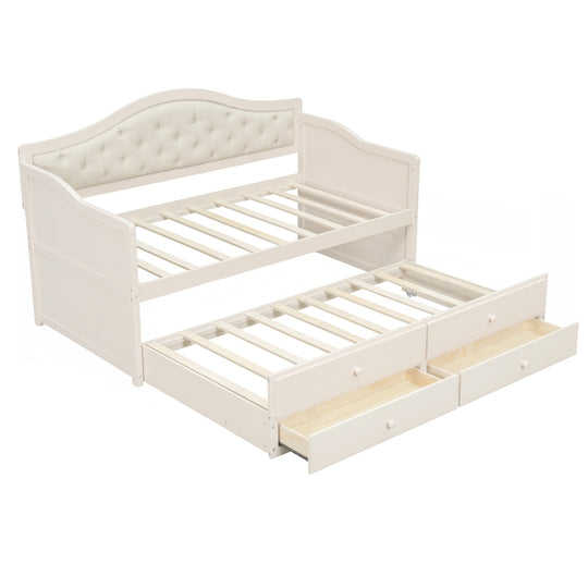 Twin Daybed with Trundle, Twin Size Daybed with 2 Storage Drawers, Wooden Sofa Bed with Upholstered Button Tufted Backrest
