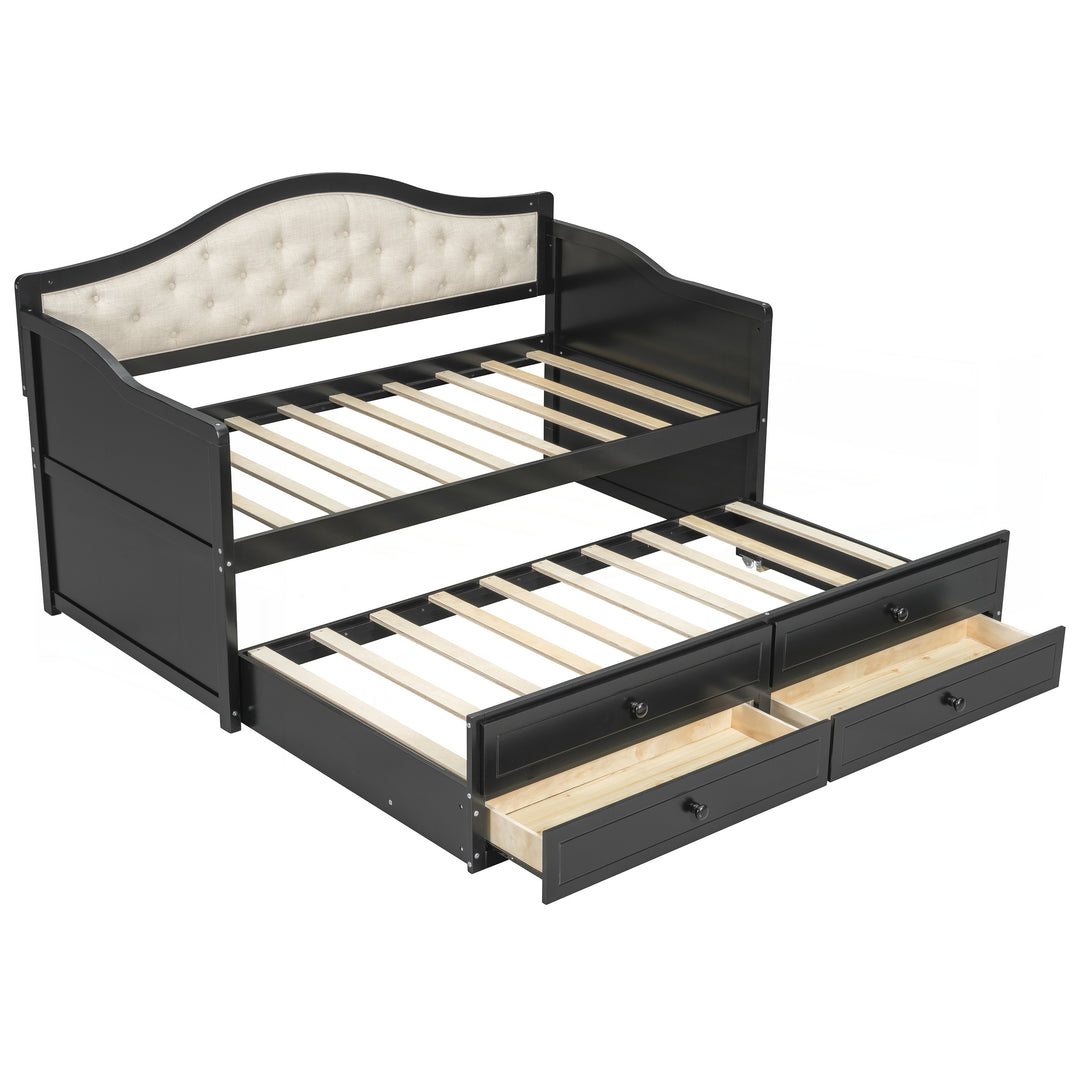 Twin Daybed with Trundle, Twin Size Daybed with 2 Storage Drawers, Wooden Sofa Bed with Upholstered Button Tufted Backrest