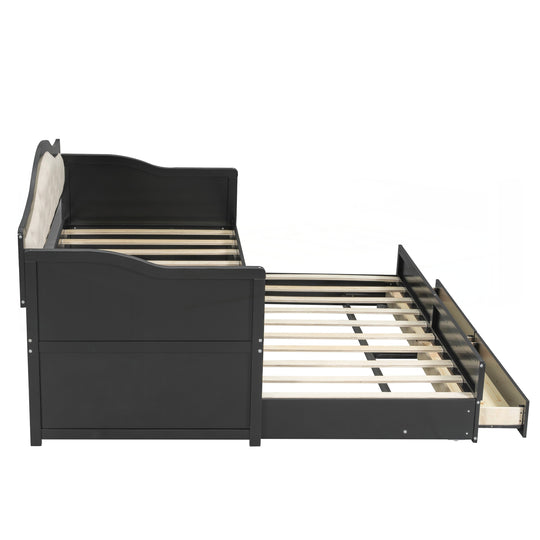 Twin Daybed with Trundle, Twin Size Daybed with 2 Storage Drawers, Wooden Sofa Bed with Upholstered Button Tufted Backrest