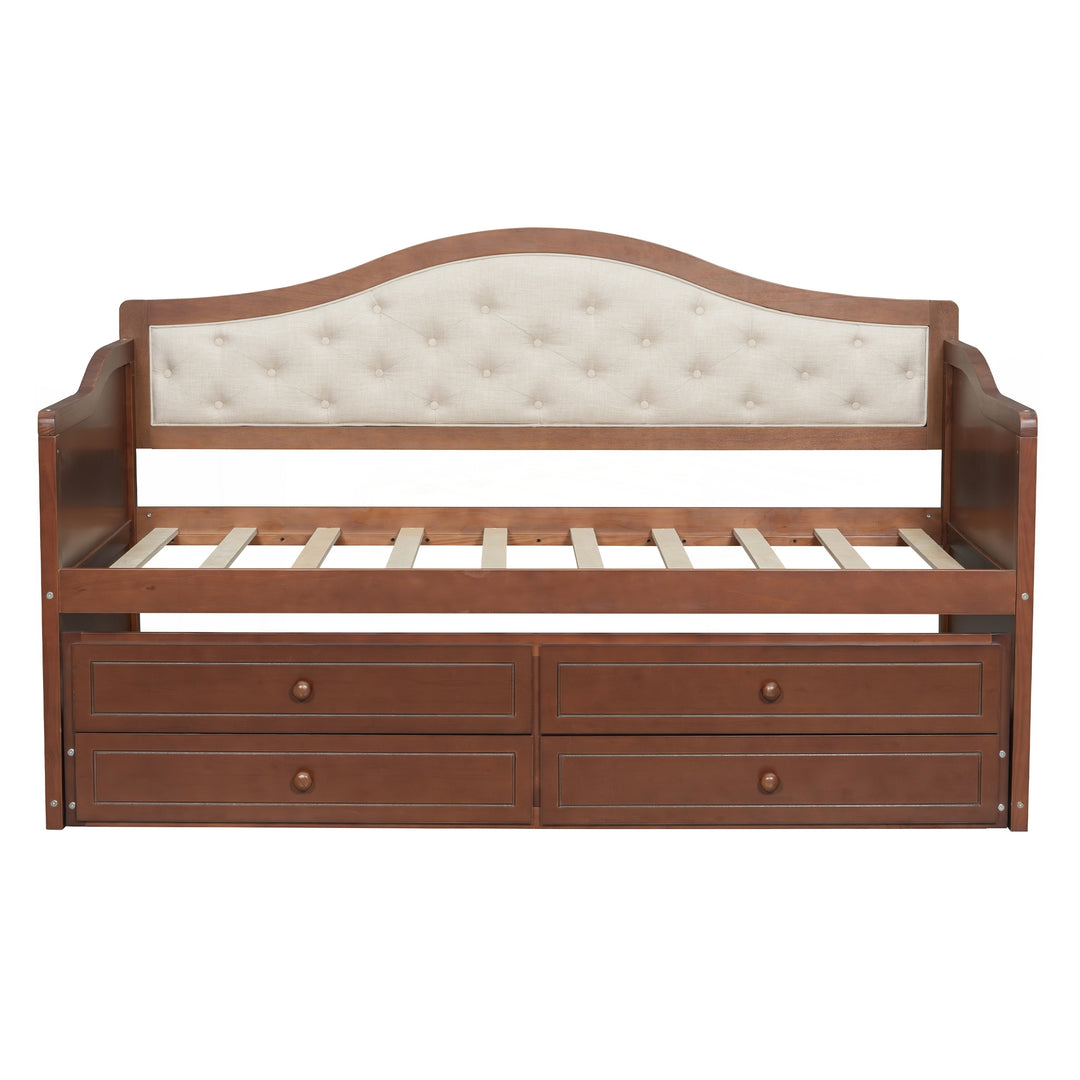 Twin Daybed with Trundle, Twin Size Daybed with 2 Storage Drawers, Wooden Sofa Bed with Upholstered Button Tufted Backrest