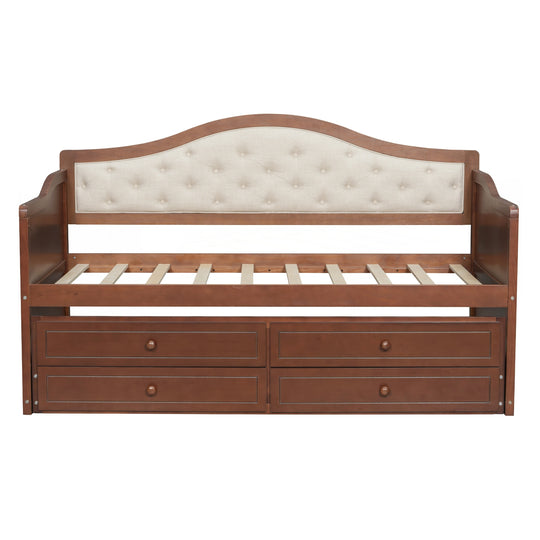 Twin Daybed with Trundle, Twin Size Daybed with 2 Storage Drawers, Wooden Sofa Bed with Upholstered Button Tufted Backrest