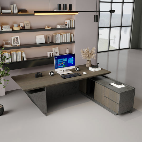 WESOME Adjustable Height L Shaped Executive Desk with Outlet Cabinets Cable Management