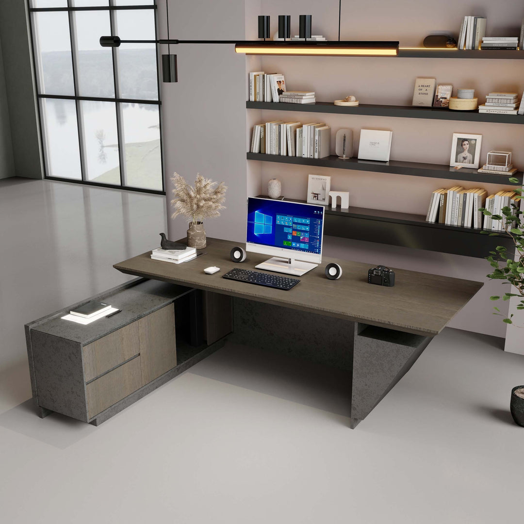 WESOME Adjustable Height L Shaped Executive Desk with Outlet Cabinets Cable Management