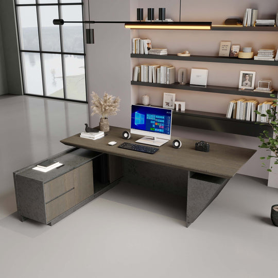 WESOME Adjustable Height L Shaped Executive Desk with Outlet Cabinets Cable Management