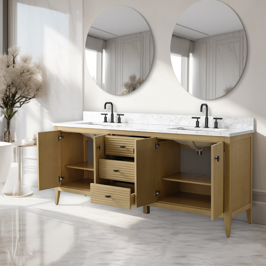 72" Double Sink Bathroom Vanity Cabinet with Engineered Marble Top