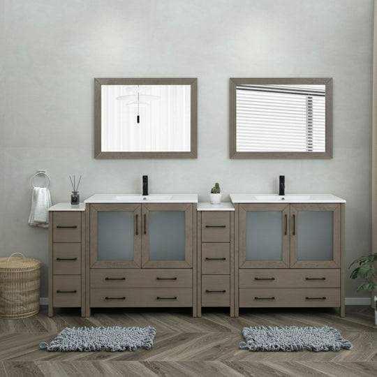 96" Double Sink Bathroom Vanity Set 10 Dove-Tailed Drawers, 3 Cabinets, 2 Shelves Soft-Closing Doors with Free Mirror