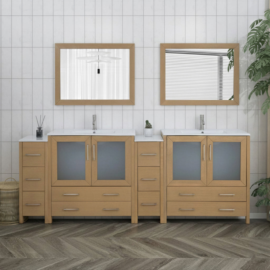 96" Double Sink Bathroom Vanity Set 10 Dove-Tailed Drawers, 3 Cabinets, 2 Shelves Soft-Closing Doors with Free Mirror