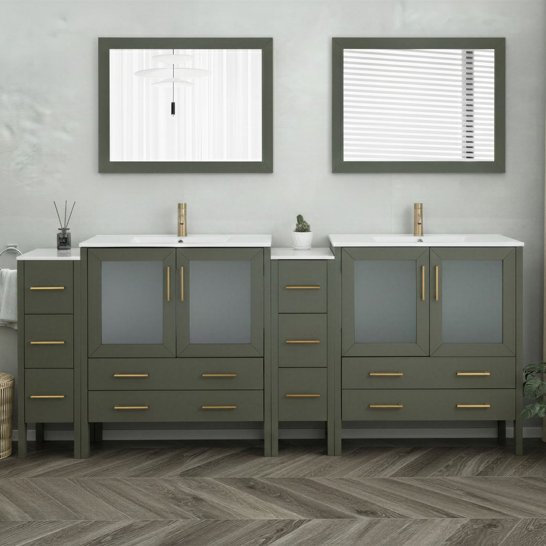96" Double Sink Bathroom Vanity Set 10 Dove-Tailed Drawers, 3 Cabinets, 2 Shelves Soft-Closing Doors with Free Mirror