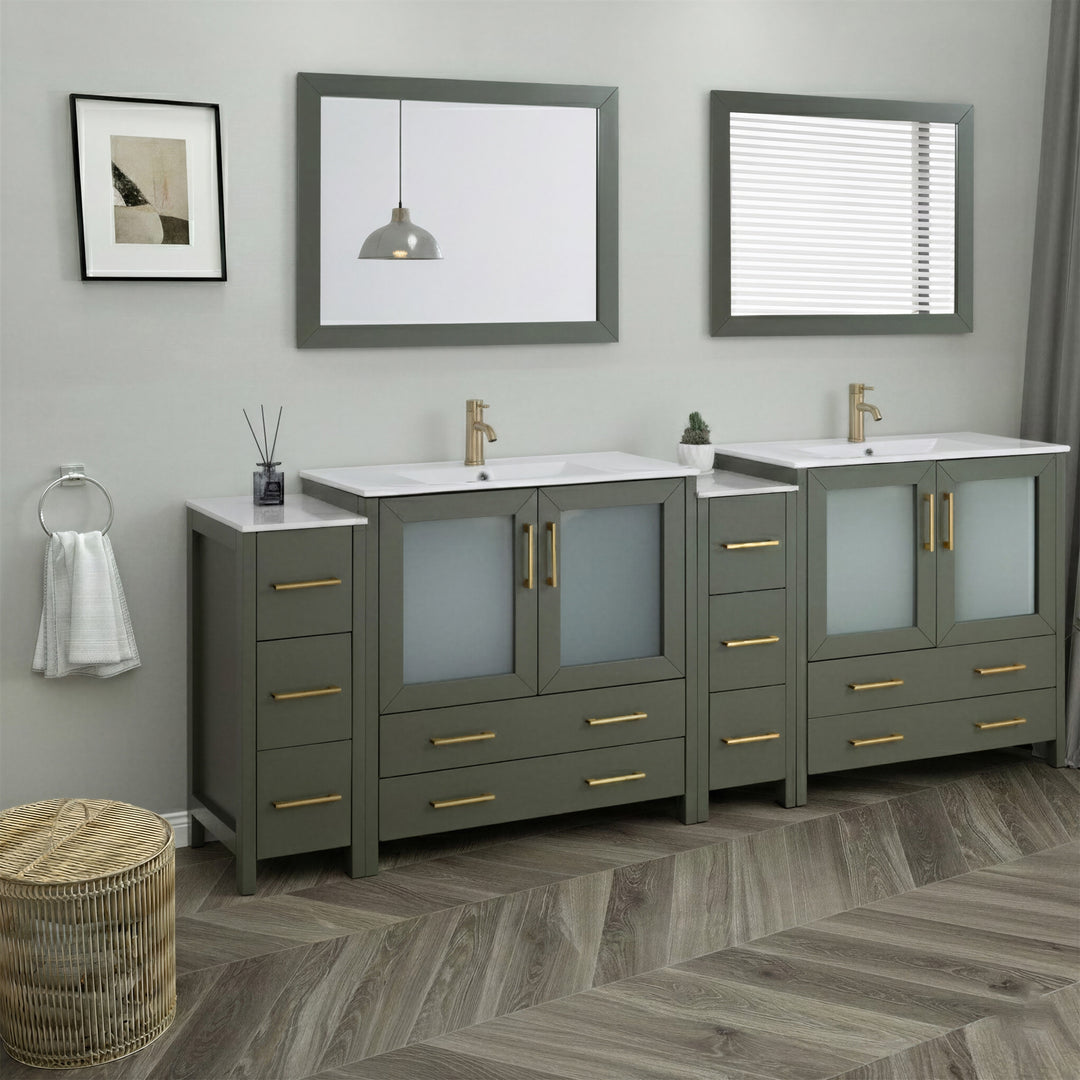 96" Double Sink Bathroom Vanity Set 10 Dove-Tailed Drawers, 3 Cabinets, 2 Shelves Soft-Closing Doors with Free Mirror