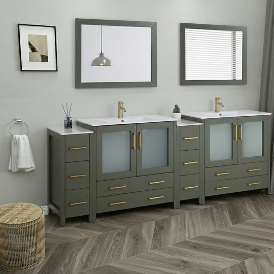 96" Double Sink Bathroom Vanity Set 10 Dove-Tailed Drawers, 3 Cabinets, 2 Shelves Soft-Closing Doors with Free Mirror