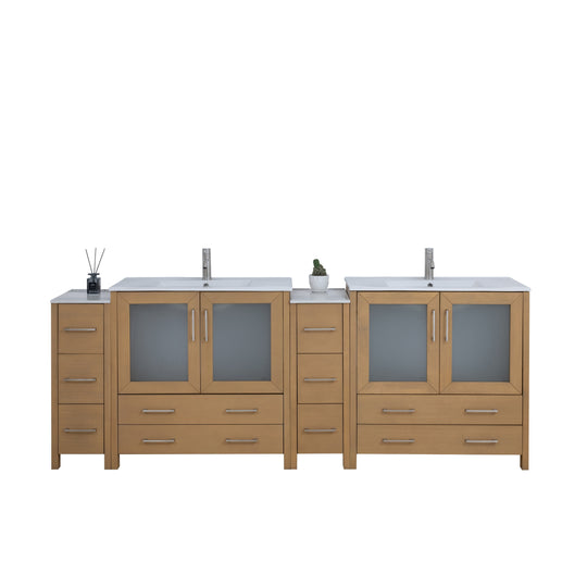 96" Double Sink Bathroom Vanity Set 10 Dove-Tailed Drawers, 3 Cabinets, 2 Shelves Soft-Closing Doors with Free Mirror