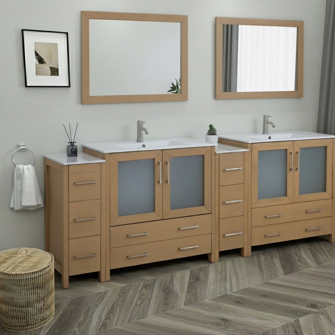 96" Double Sink Bathroom Vanity Set 10 Dove-Tailed Drawers, 3 Cabinets, 2 Shelves Soft-Closing Doors with Free Mirror