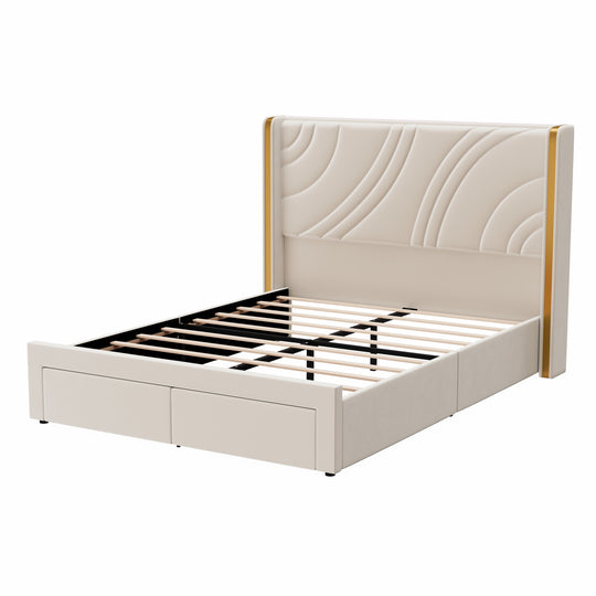 Velvet Upholstered Platform Bed with Smart Ambient Strip Lights Wingback Headboard and Endbed Pull-Out Storage Drawers