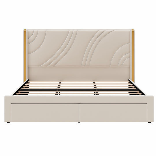 Velvet Upholstered Platform Bed with Smart Ambient Strip Lights Wingback Headboard and Endbed Pull-Out Storage Drawers