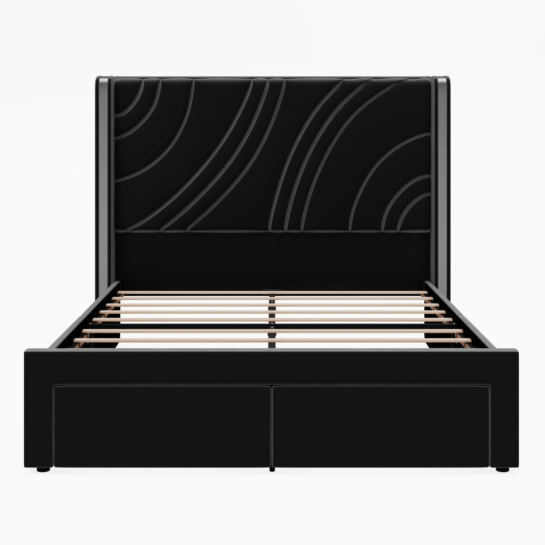 Velvet Upholstered Platform Bed with Smart Ambient Strip Lights Wingback Headboard and Endbed Pull-Out Storage Drawers