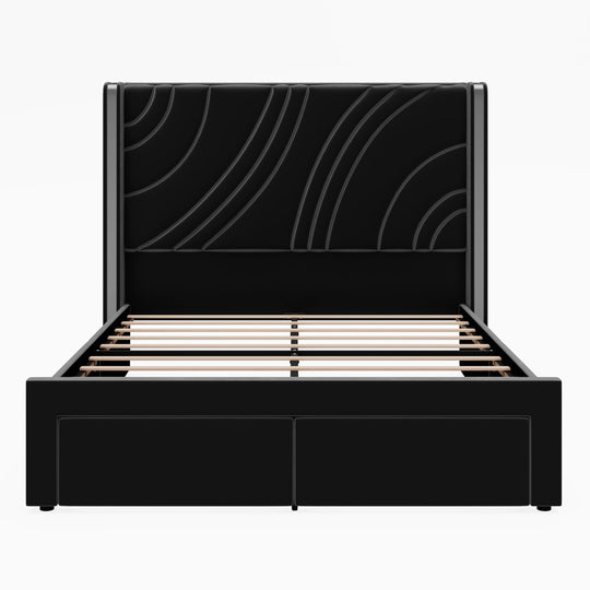 Velvet Upholstered Platform Bed with Smart Ambient Strip Lights Wingback Headboard and Endbed Pull-Out Storage Drawers