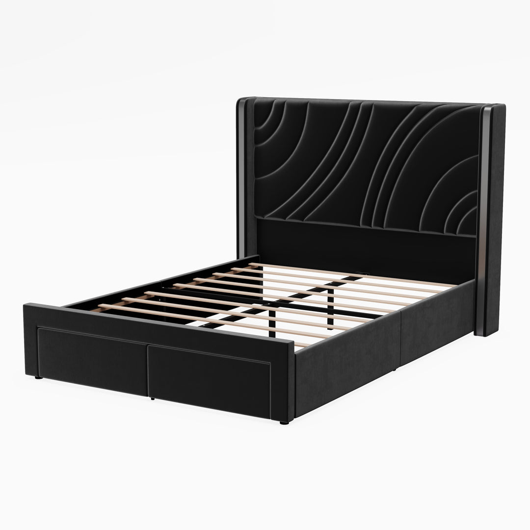 Velvet Upholstered Platform Bed with Smart Ambient Strip Lights Wingback Headboard and Endbed Pull-Out Storage Drawers