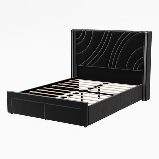 Velvet Upholstered Platform Bed with Smart Ambient Strip Lights Wingback Headboard and Endbed Pull-Out Storage Drawers