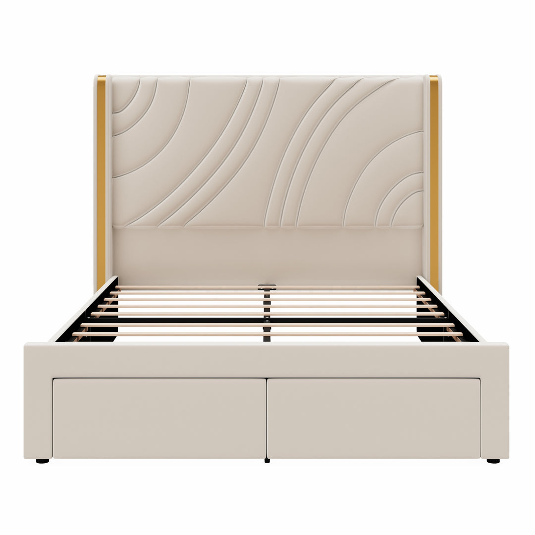 Velvet Upholstered Platform Bed with Smart Ambient Strip Lights Wingback Headboard and Endbed Pull-Out Storage Drawers